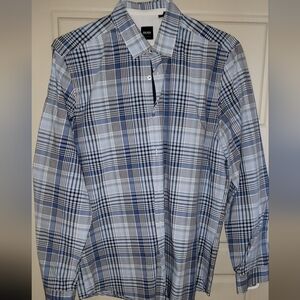 Hugo Boss Men's Light Blue Navy Plaid Checker Luxury Designer Button Down Shirt